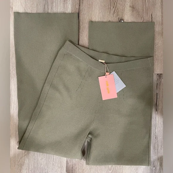 NWT Cult Gaia Linen Torina Sage Green Pants Wide Leg Ribbed